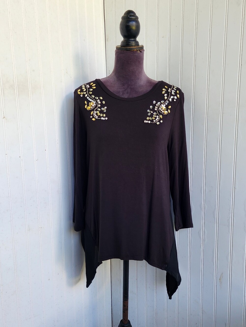 Earl Jeans Embellished Top Plus Black Silver Bead Rhinestones Jewels Rayon PL